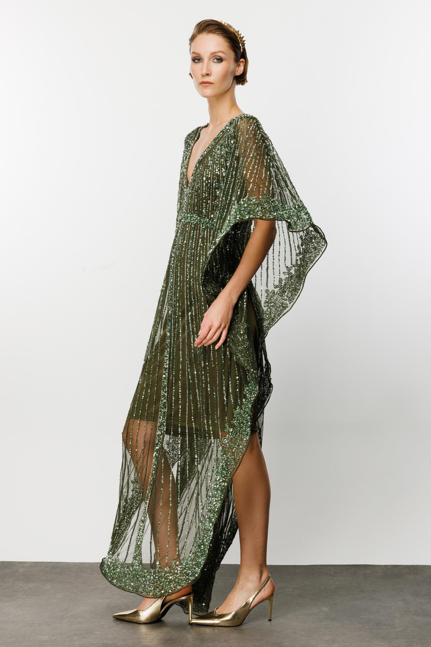 Nefeli Sequin Stone Poncho Model Green Evening Dress