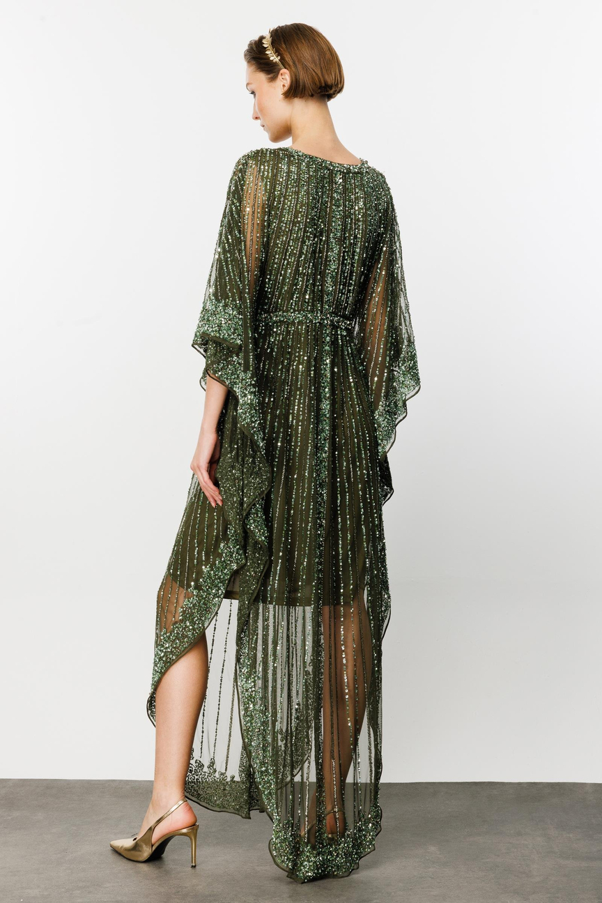 Nefeli Sequin Stone Poncho Model Green Evening Dress
