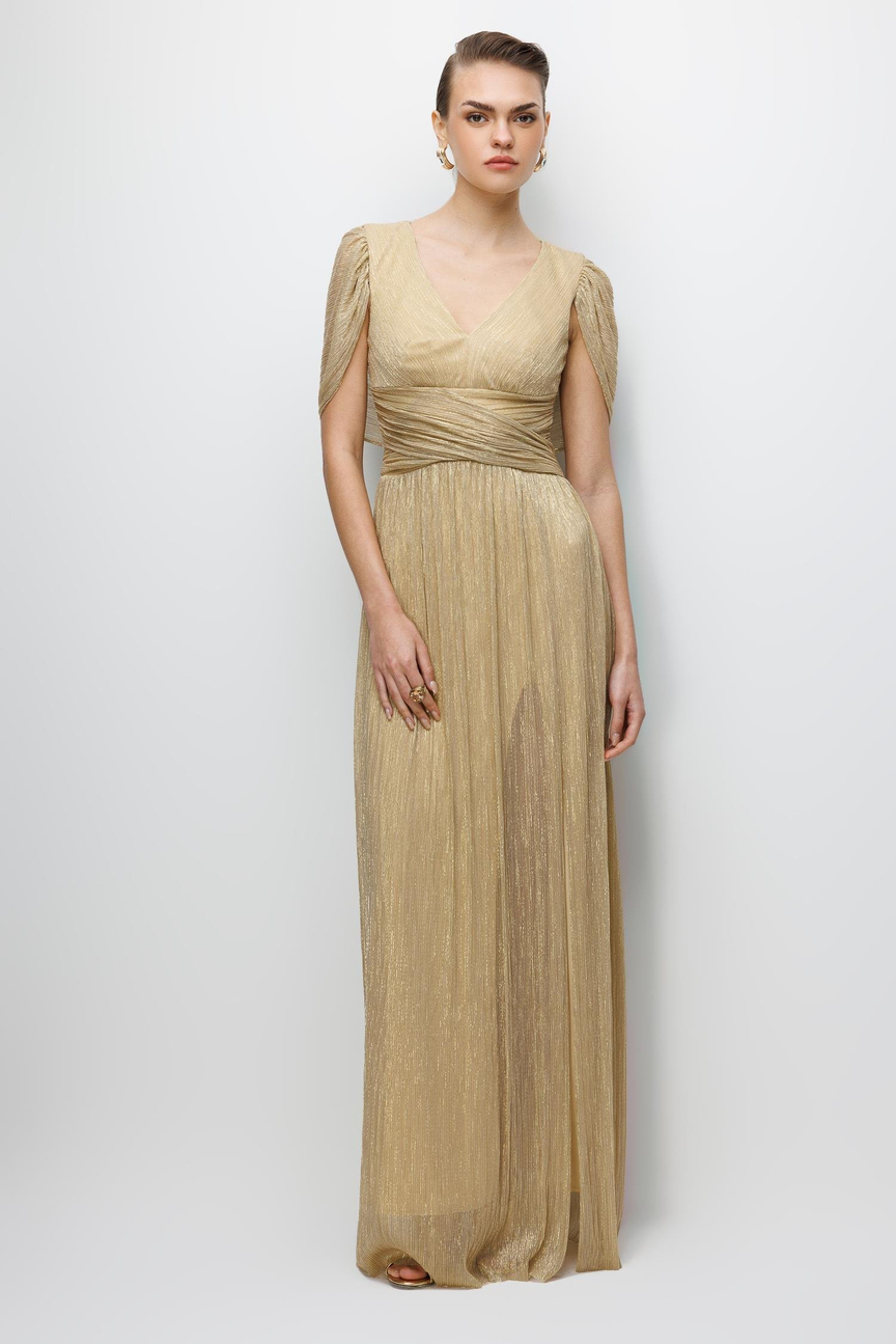 Omuz Pelerin Detaylı Maxi Boy Elbise GOLD