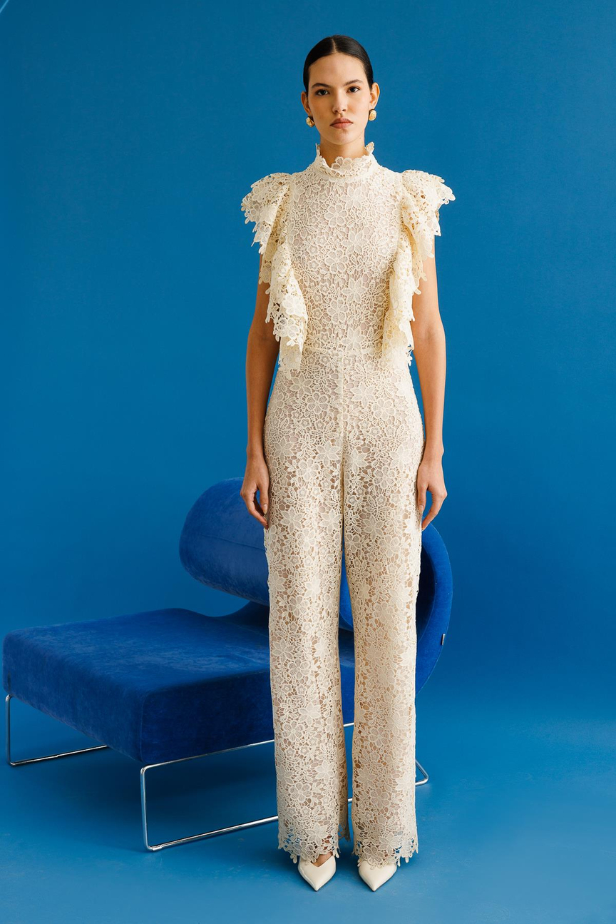 Maxi Lace Jumpsuit with Ruffle Shoulder LIGHT BEIGE