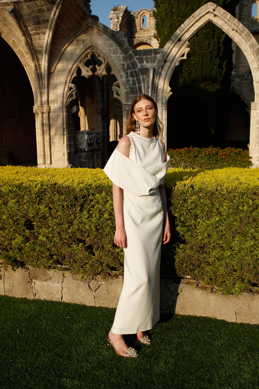 Omuzdan Kruvaze Şal Detaylı Elbise EKRU