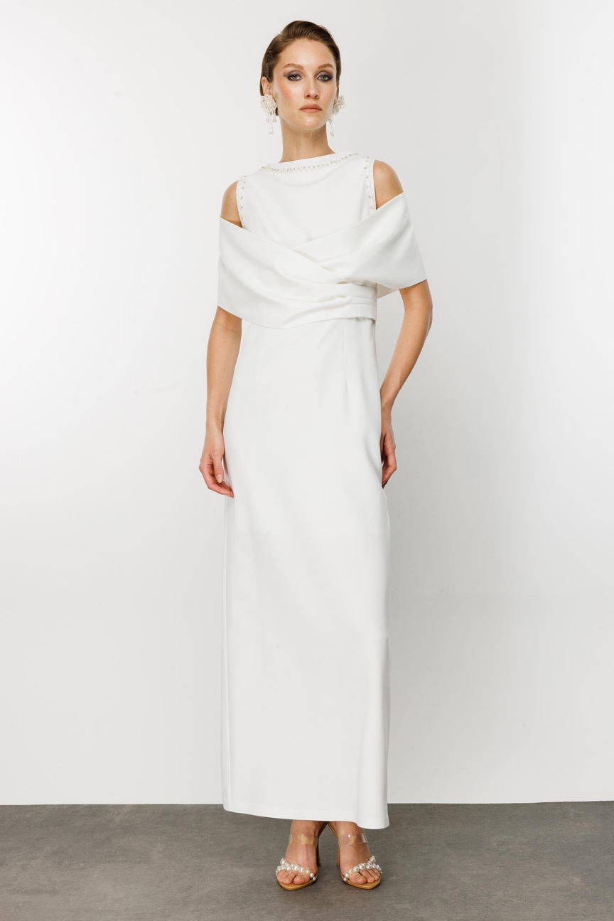 Omuzdan Kruvaze Şal Detaylı Elbise EKRU