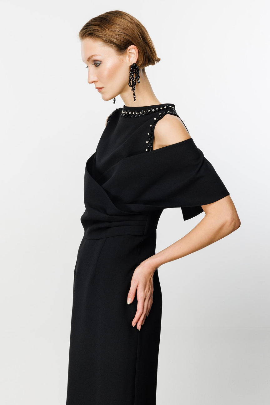 Shoulder Double Breasted Shawl Detailed Dress BLACK