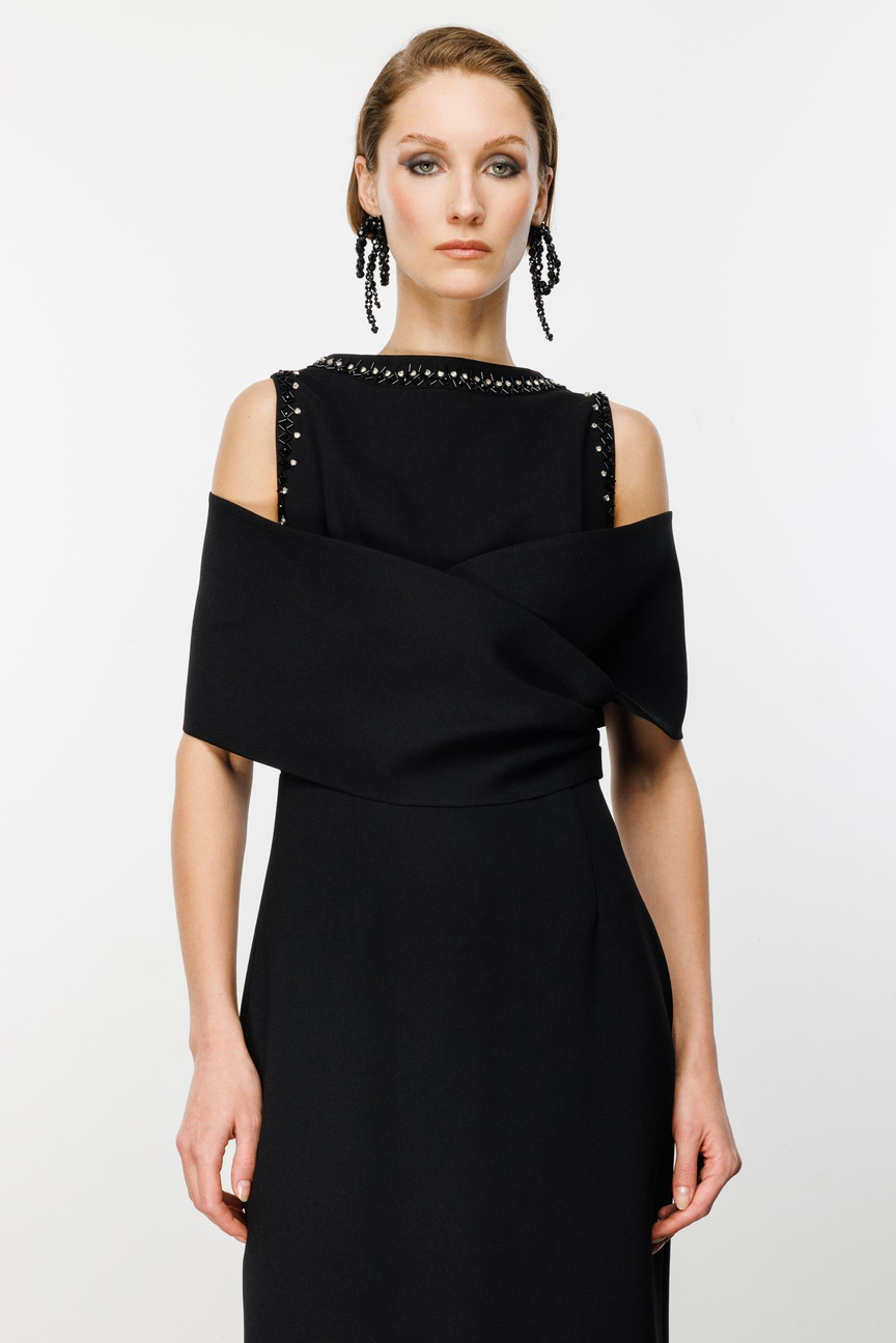 Shoulder Double Breasted Shawl Detailed Dress BLACK