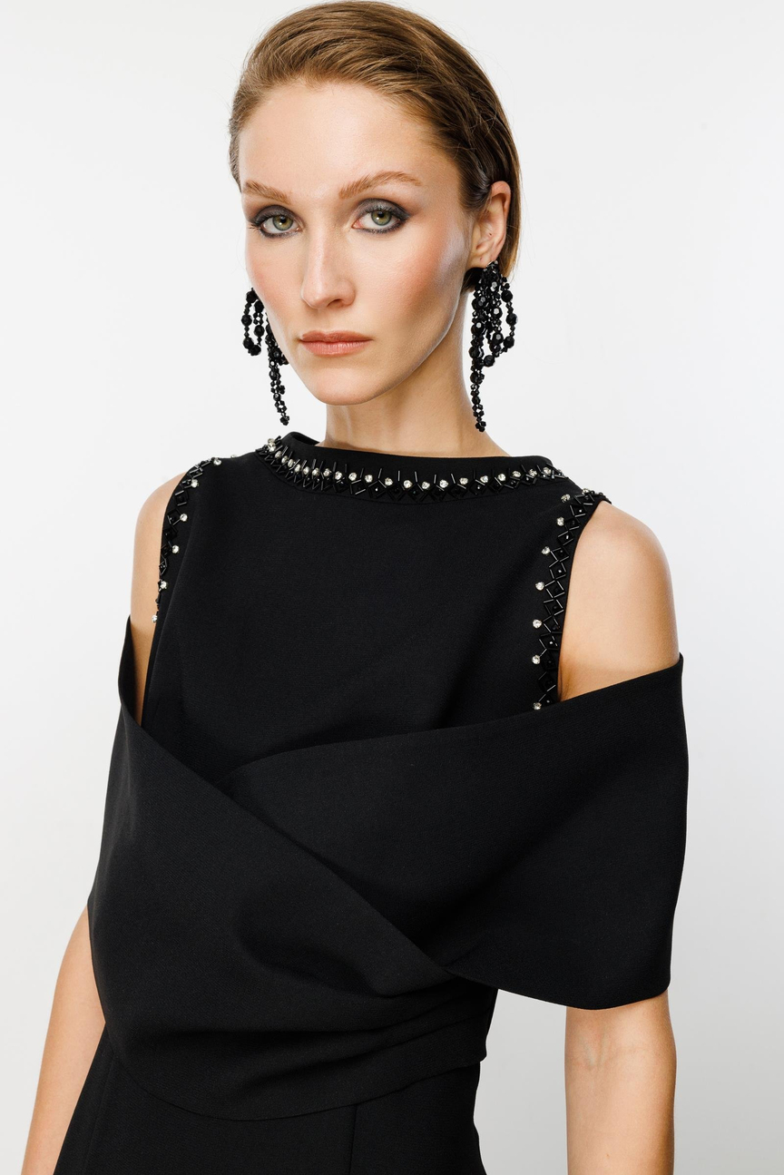 Shoulder Double Breasted Shawl Detailed Dress BLACK