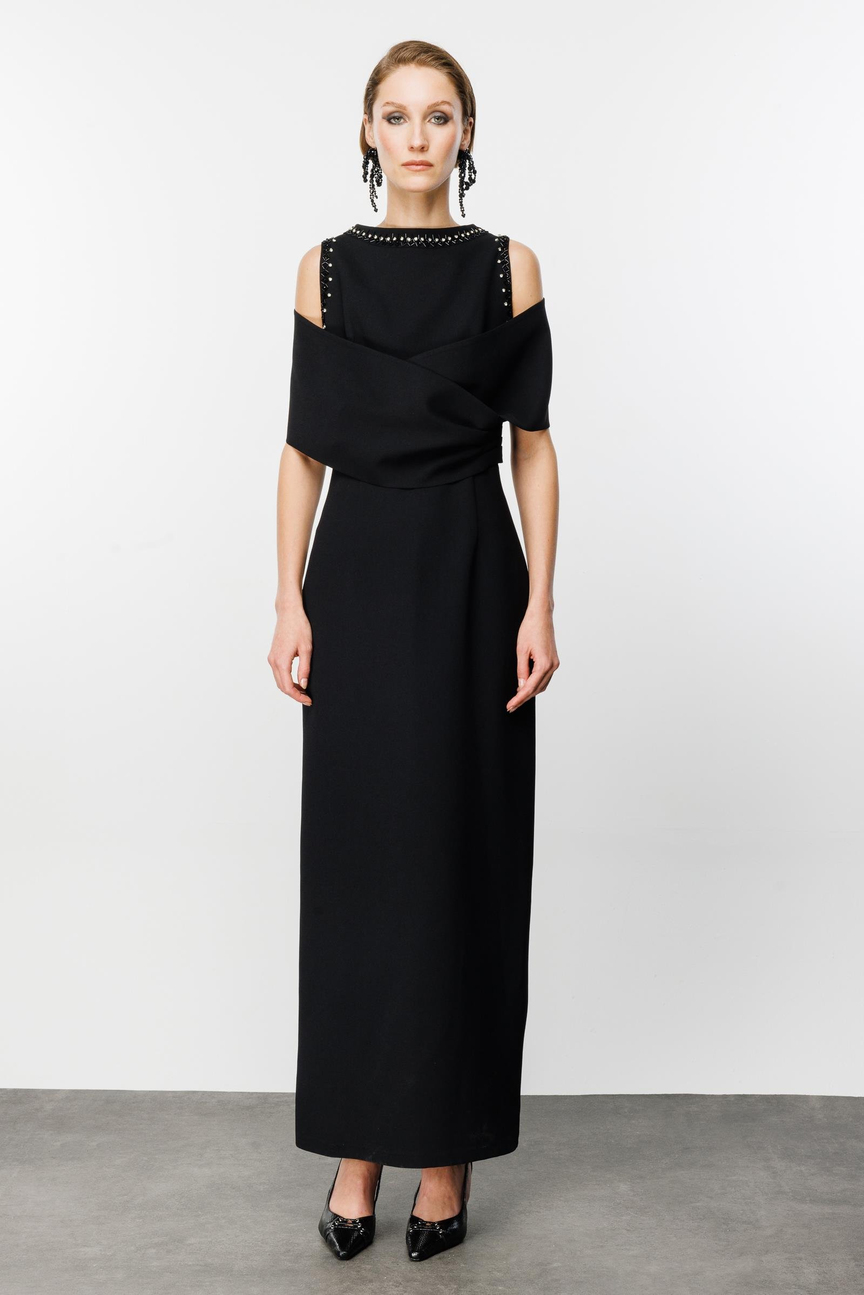 Shoulder Double Breasted Shawl Detailed Dress BLACK