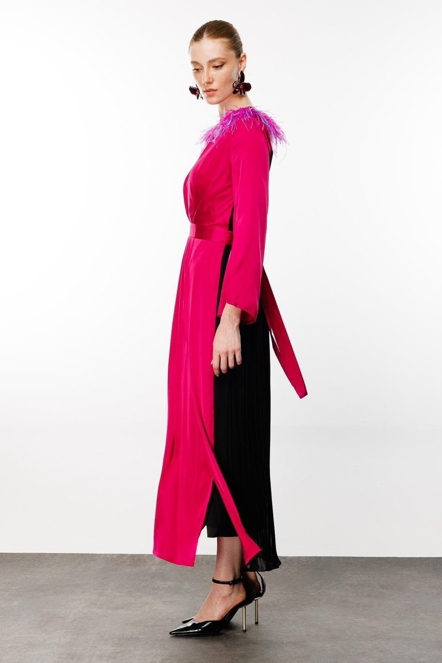 Feathered Shoulders Pleat Back Dress Fuchsia