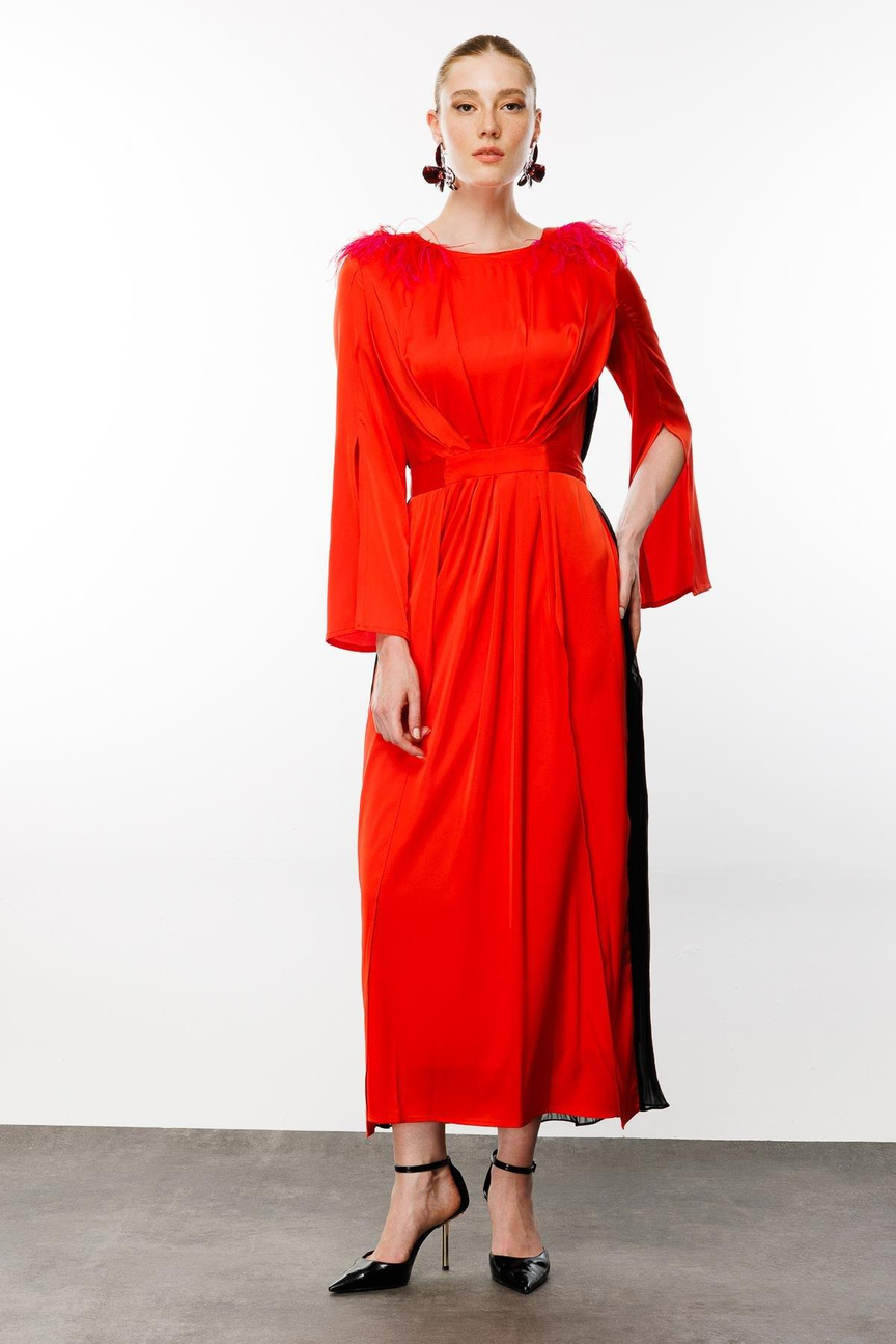 Feather Shoulders Pleated Back Dress ORANGE