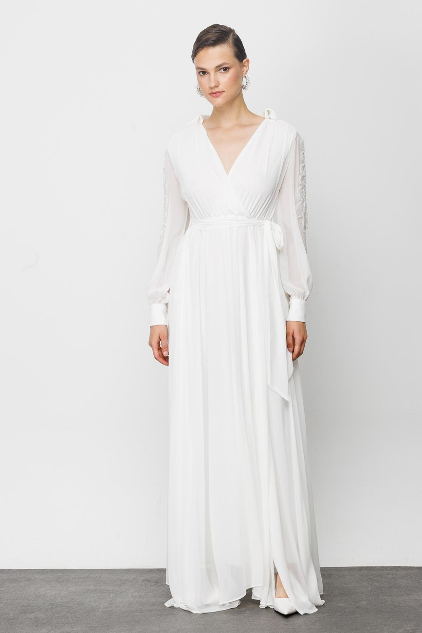 Nefeli Womens Long Chiffon White Evening Dress with Embroidered Sleeves