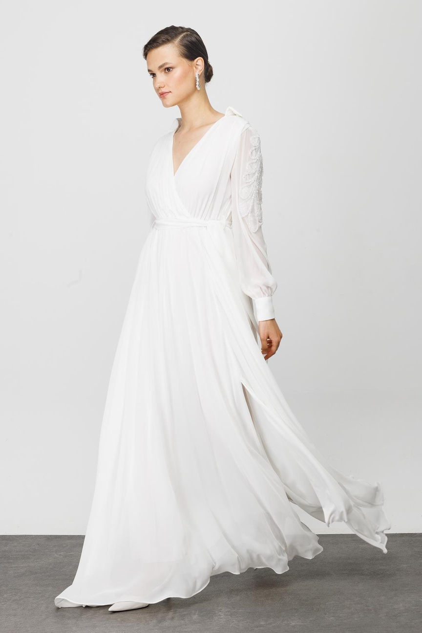 Nefeli Womens Long Chiffon White Evening Dress with Embroidered Sleeves