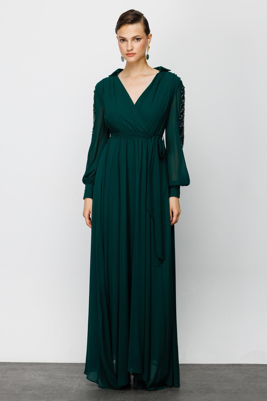 Nefeli Womens Maxi Length Chiffon Evening Dress with Embroidered Sleeves