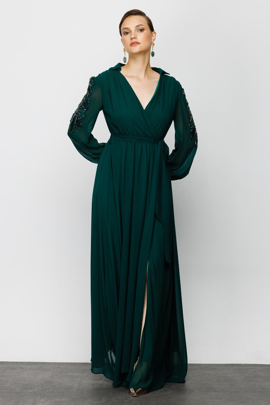 Nefeli Womens Maxi Length Chiffon Evening Dress with Embroidered Sleeves