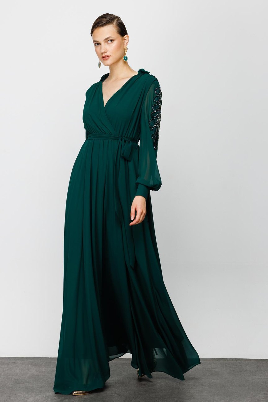 Nefeli Womens Maxi Length Chiffon Evening Dress with Embroidered Sleeves