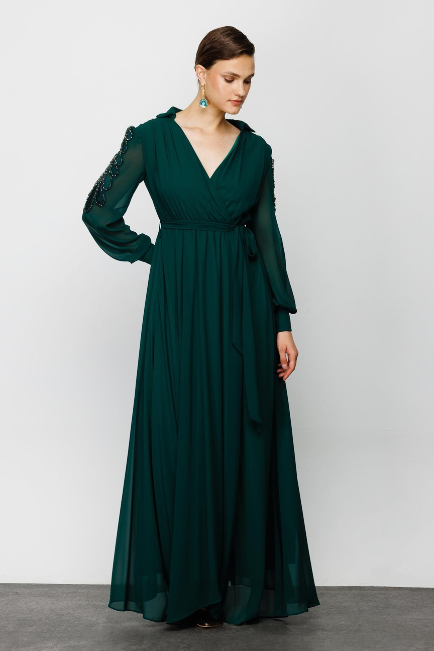 Nefeli Womens Maxi Length Chiffon Evening Dress with Embroidered Sleeves