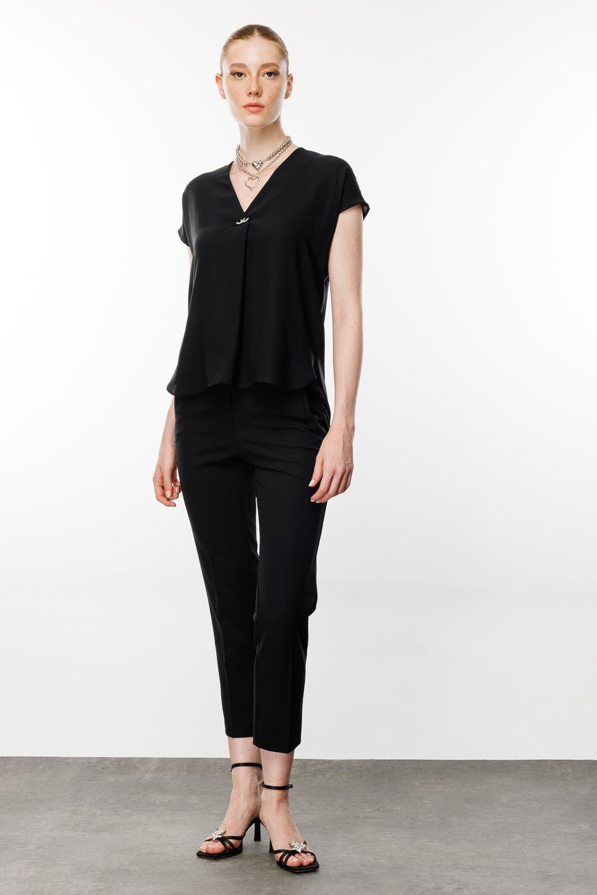 V-Neck Blouse with Front Accessories BLACK