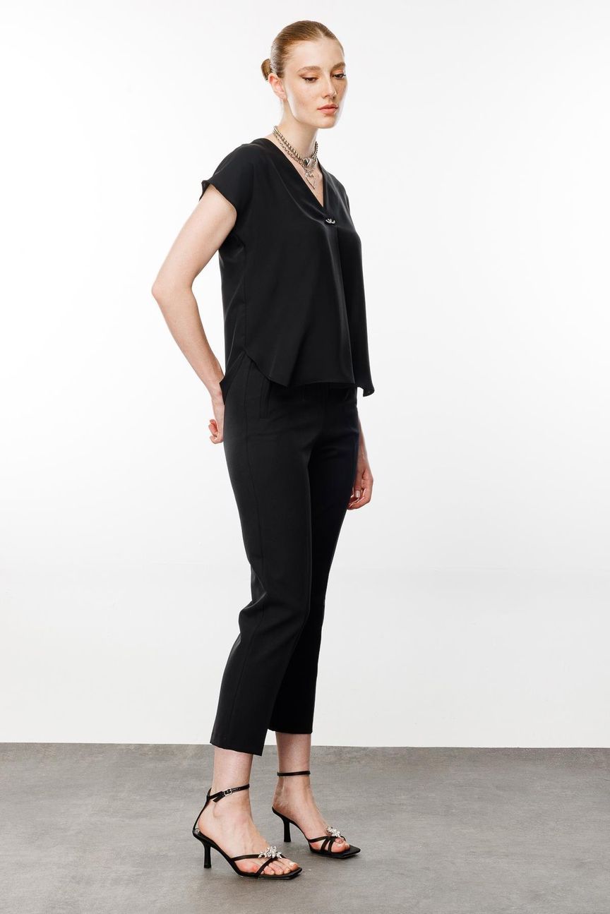 V-Neck Blouse with Front Accessories BLACK