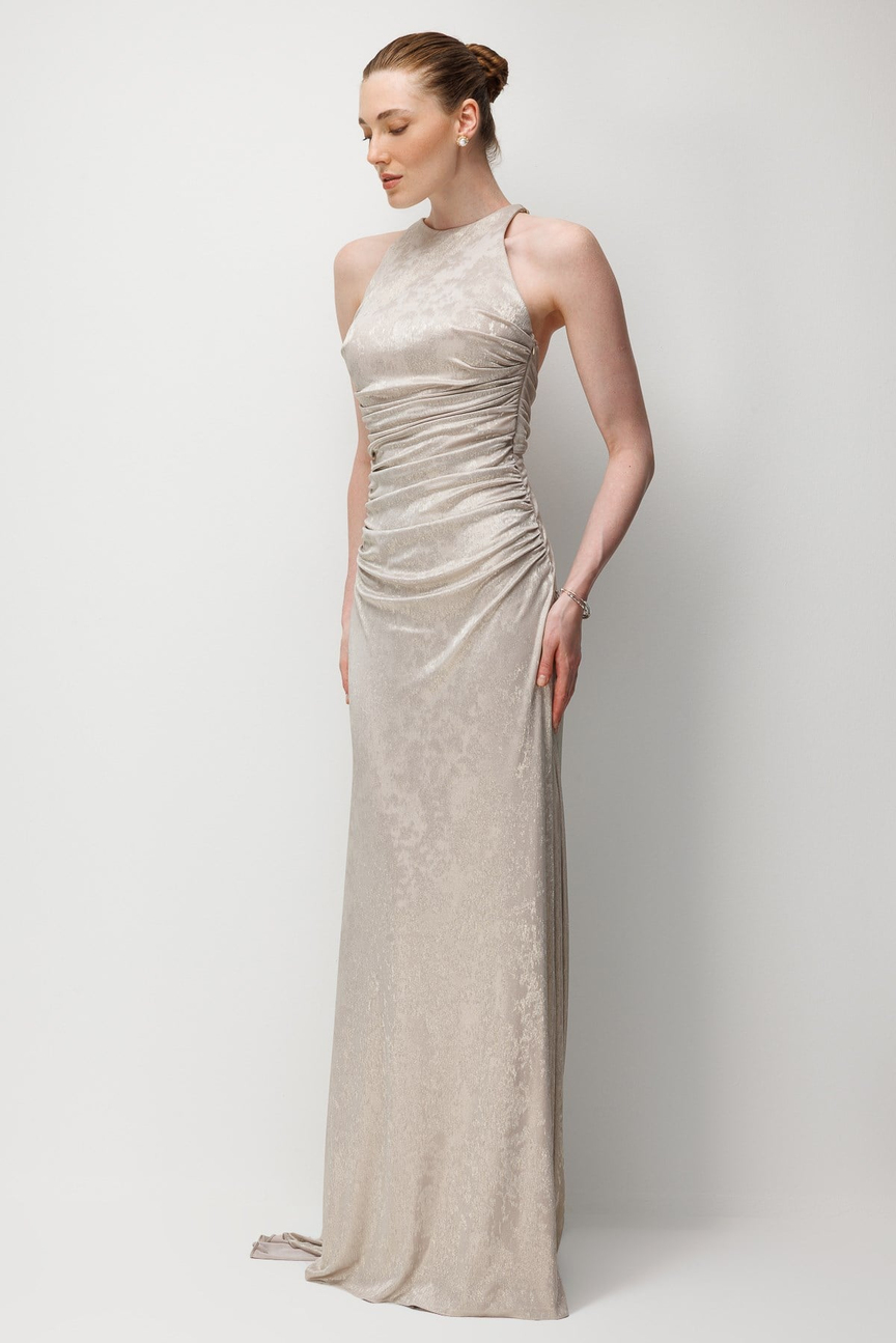 Glossy Textured Halter Neck Draped Long Dress Beige