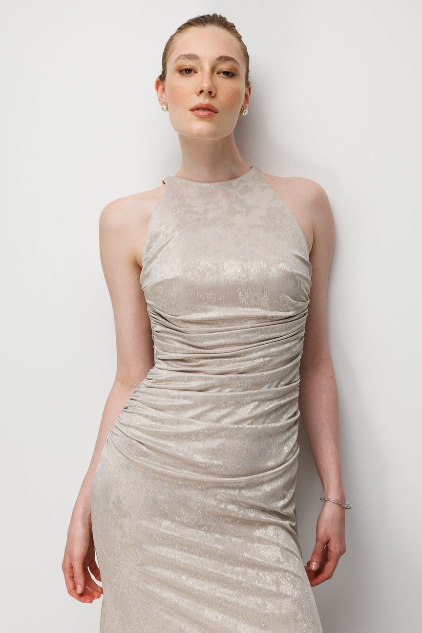 Glossy Textured Halter Neck Draped Long Dress Beige