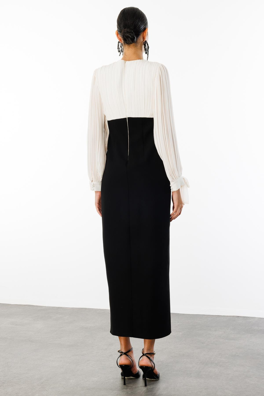 Pleated Detailed Two-Tone Dress BLACK-ECRU