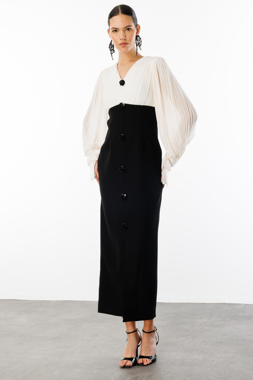 Pleated Detailed Two-Tone Dress BLACK-ECRU