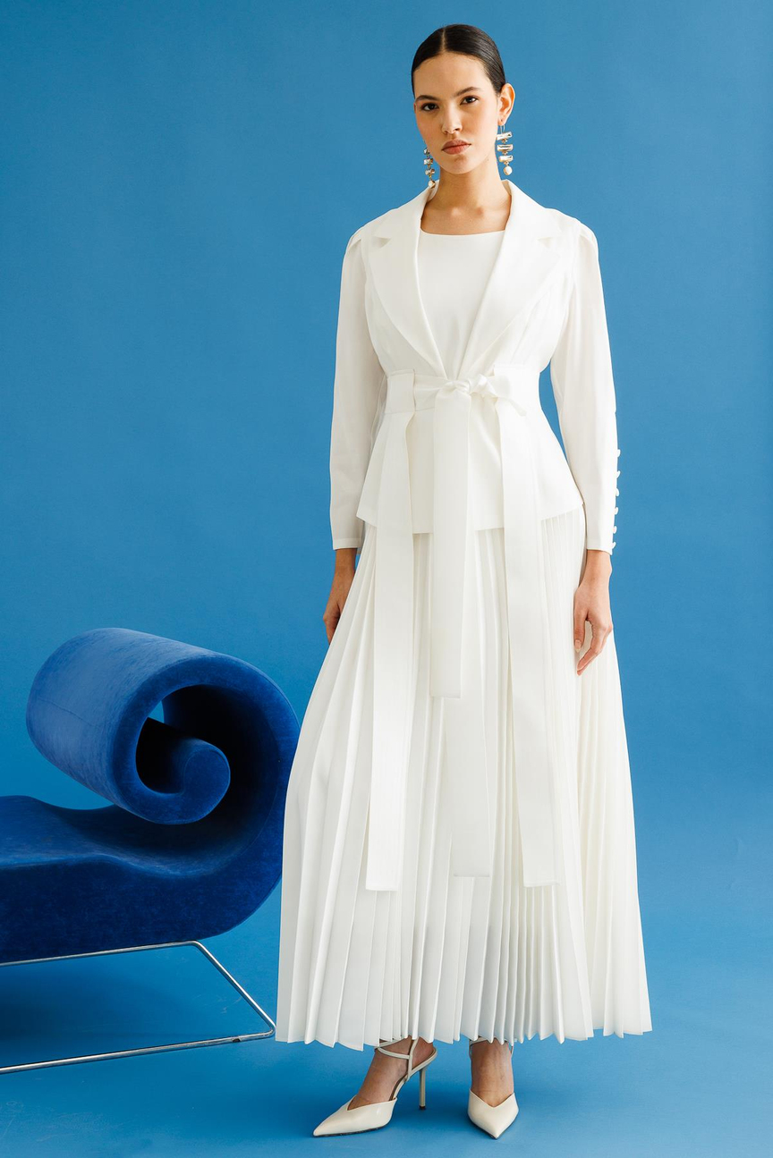 Pleated Skirt Dress & Jacket Double Suit WHITE