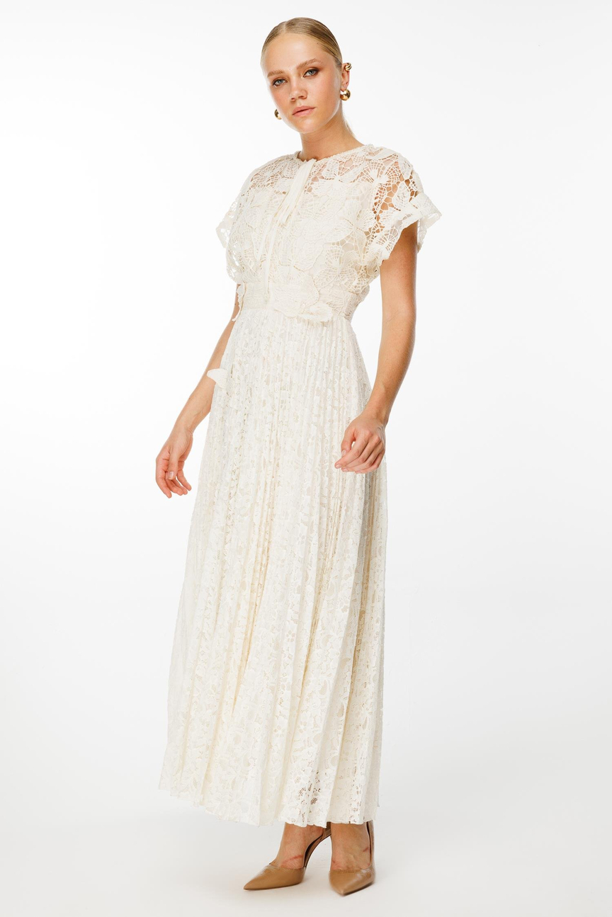 Pilise Etekli Kelebek Detaylı Elbise EKRU