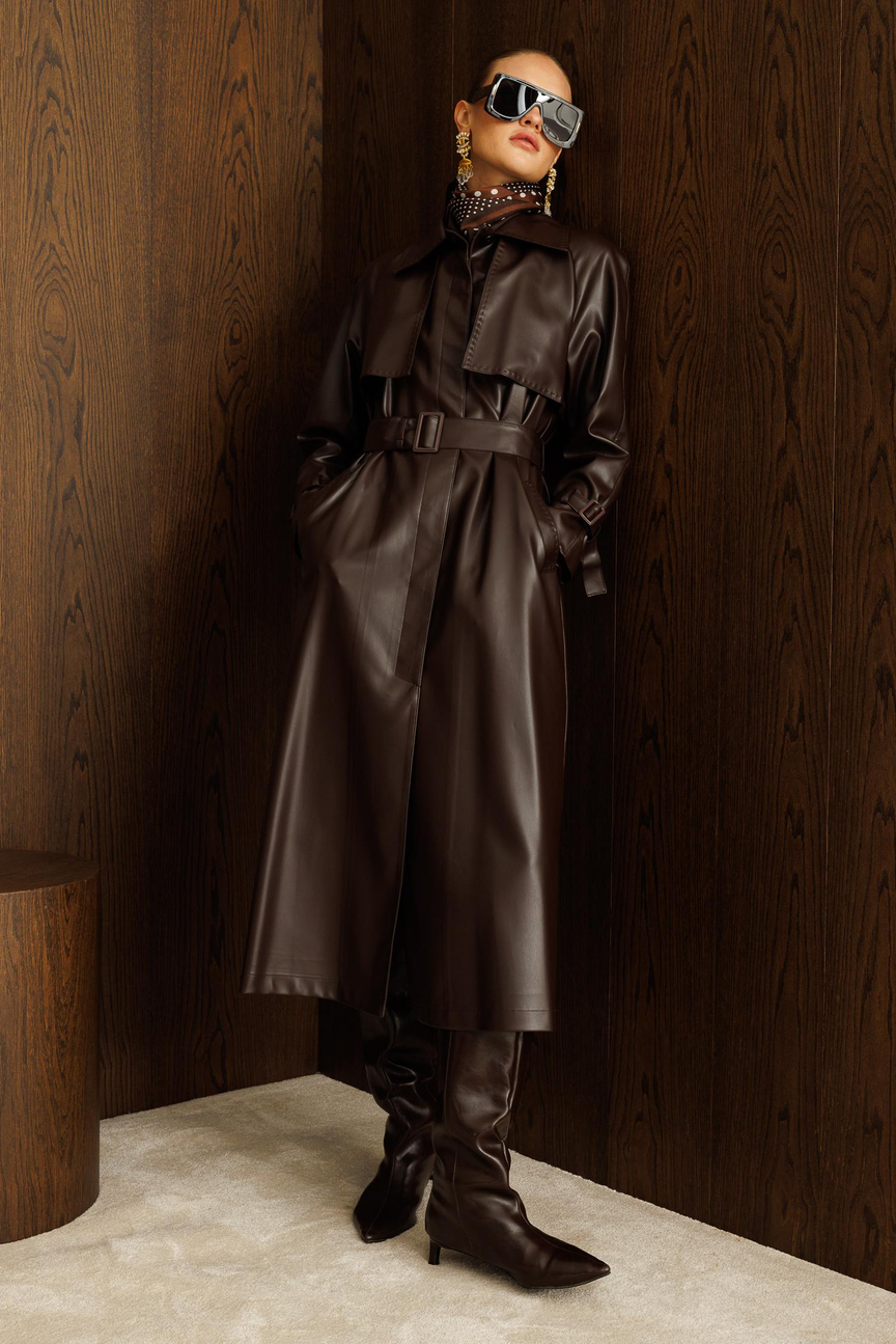 Reglan Kol Pelerin ve Punto Dikiş Detaylı Deri Trençkot KAHVE
