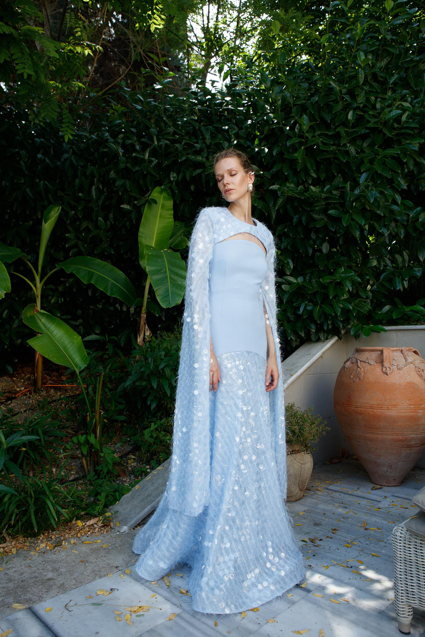 Şal Kol Payetli Pullu Üstü Krep Çıkarılabilir Pelerin Uzun Elbise AÇIK MAVİ