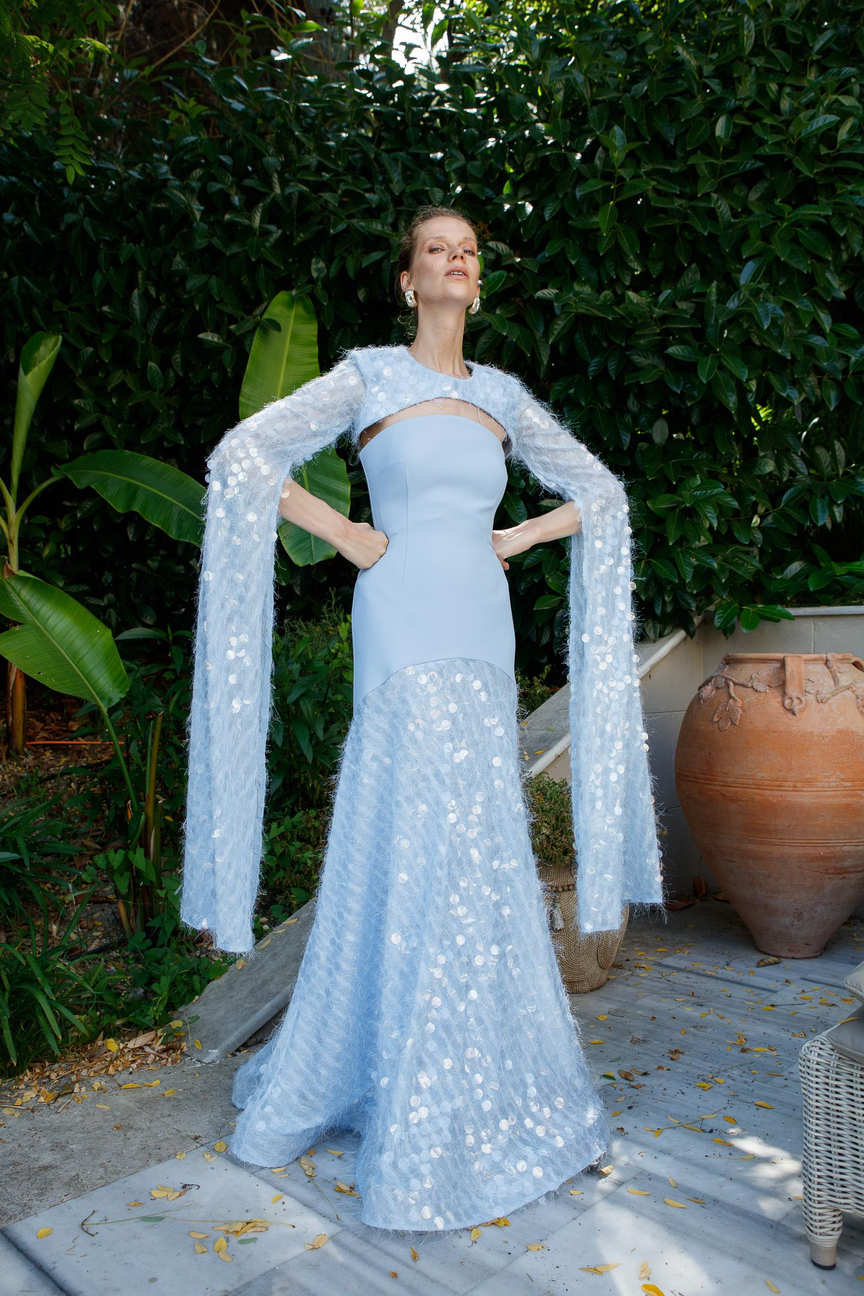 Şal Kol Payetli Pullu Üstü Krep Çıkarılabilir Pelerin Uzun Elbise AÇIK MAVİ