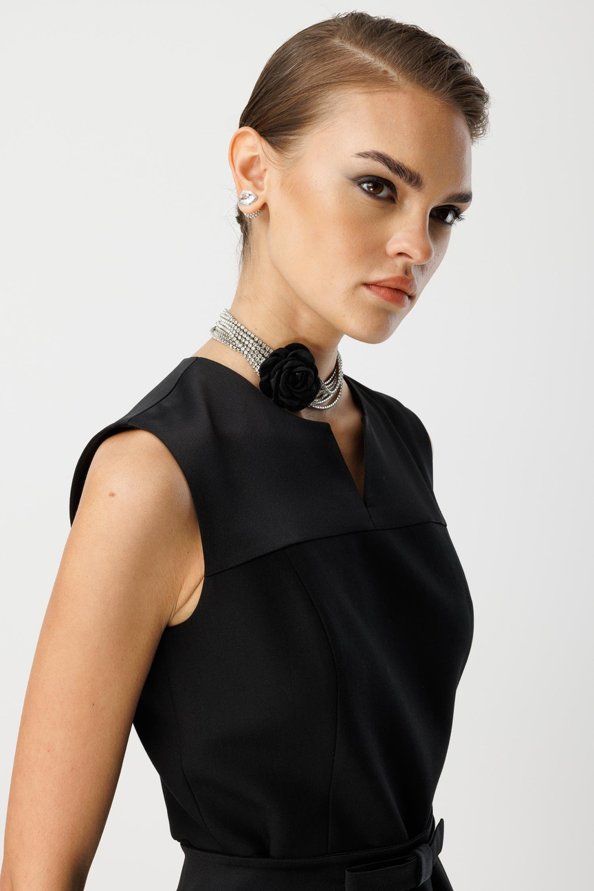 Saten Fiyonklu Düşes Elbise SİYAH