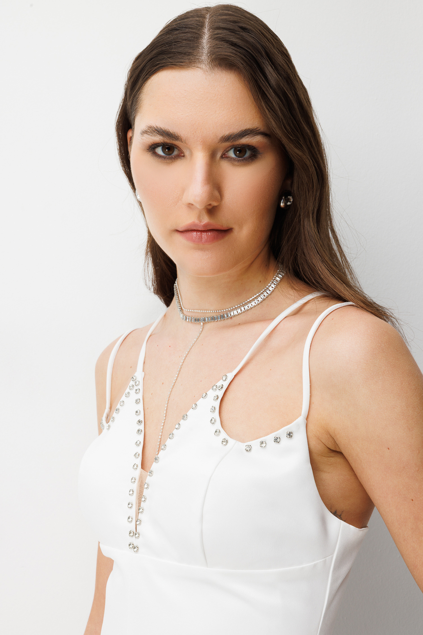 Saten Göğüs Taşlı Elbise EKRU