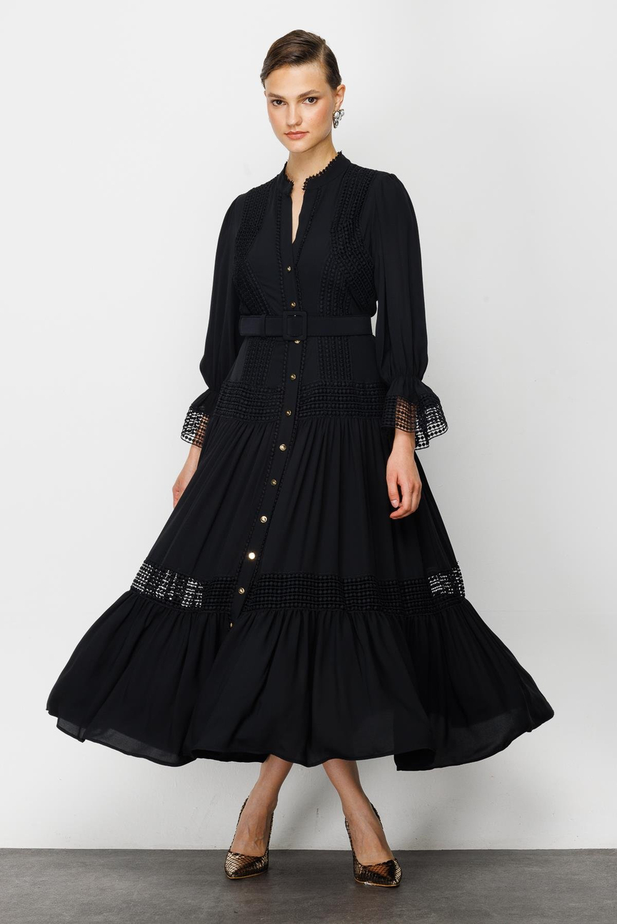 Şerit Dantelli Gömlek Elbise SİYAH