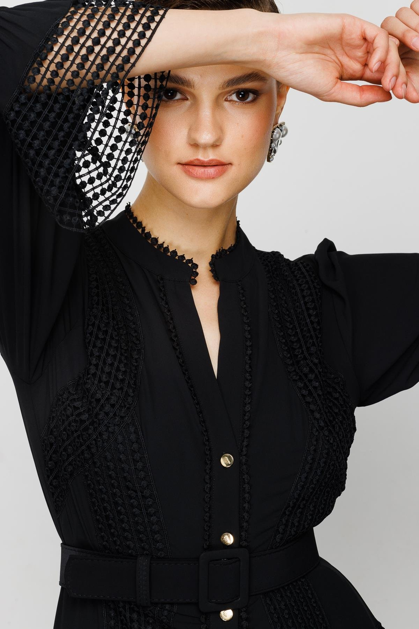 Şerit Dantelli Gömlek Elbise SİYAH