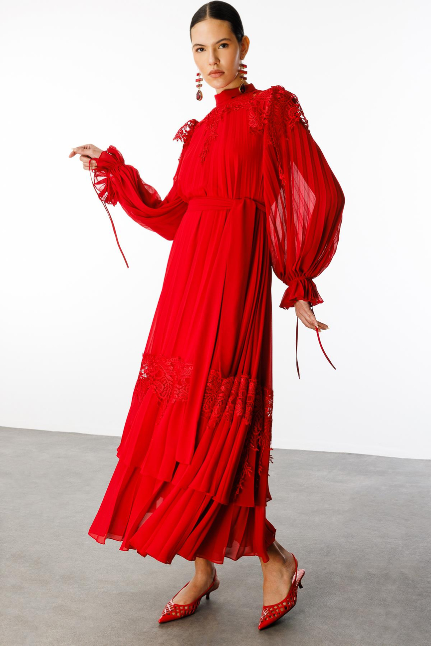Şerit Dantelli Maxi Boy Soley Elbise KIRMIZI