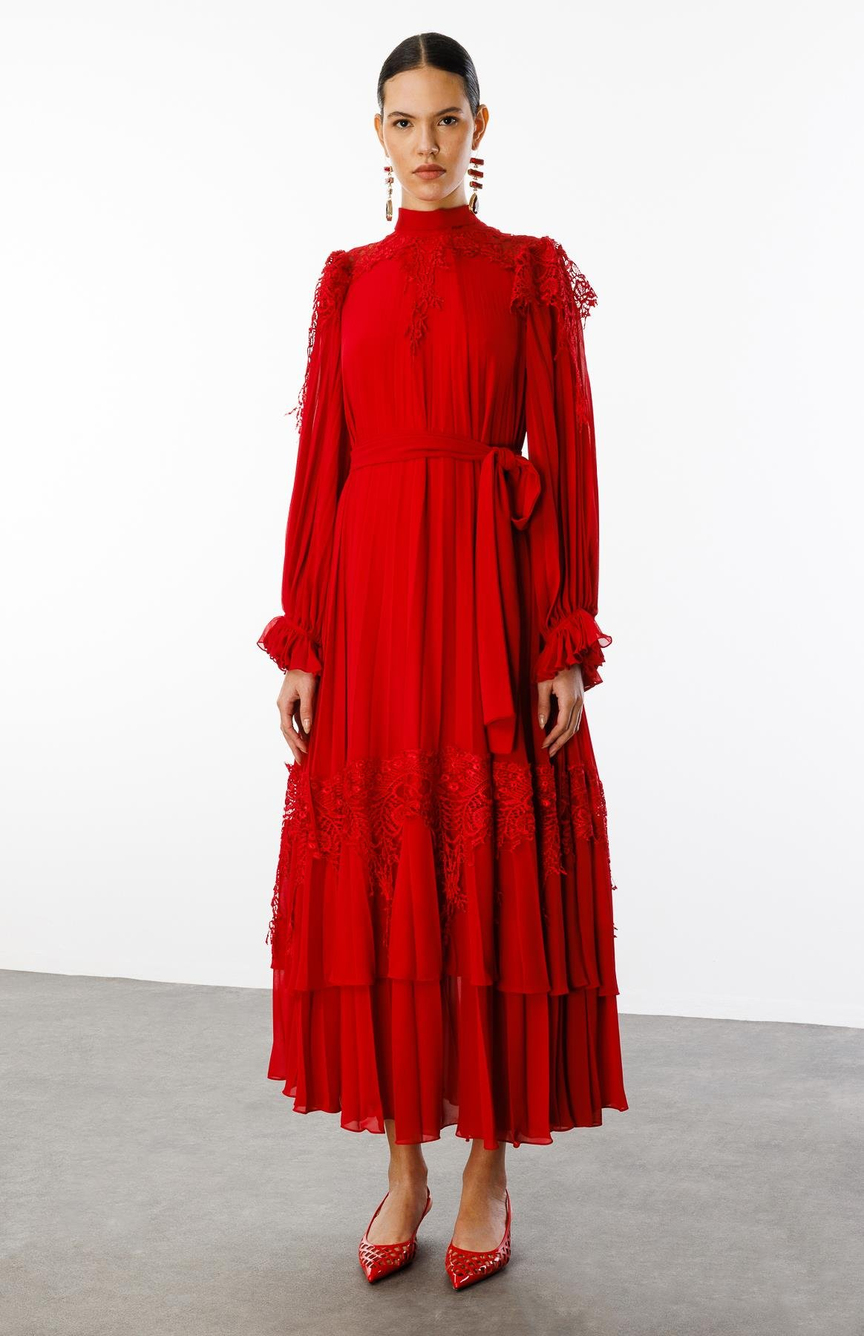 Şerit Dantelli Maxi Boy Soley Elbise KIRMIZI