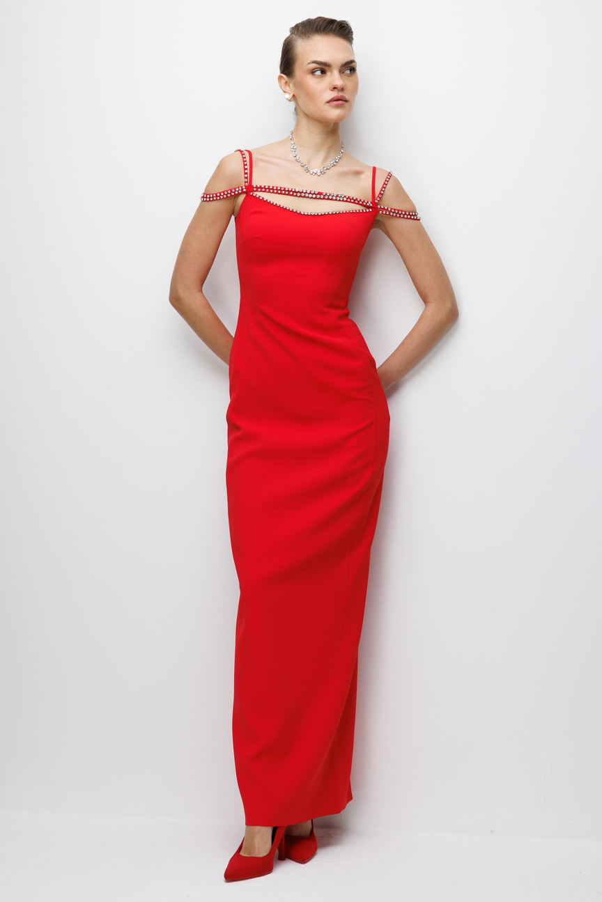 Şerit Taş Detaylı Maxi Boy Elbise KIRMIZI