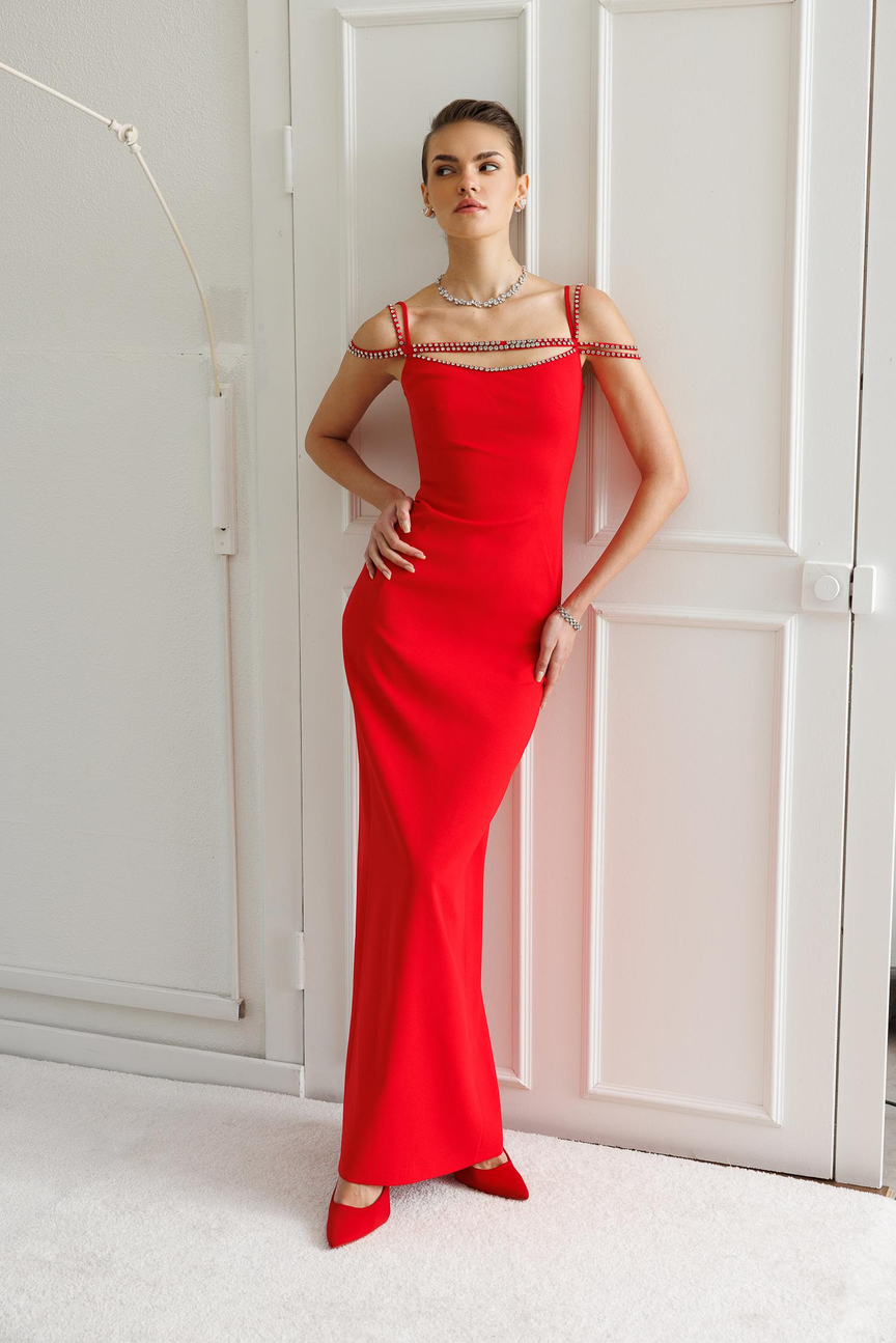 Şerit Taş Detaylı Maxi Boy Elbise KIRMIZI