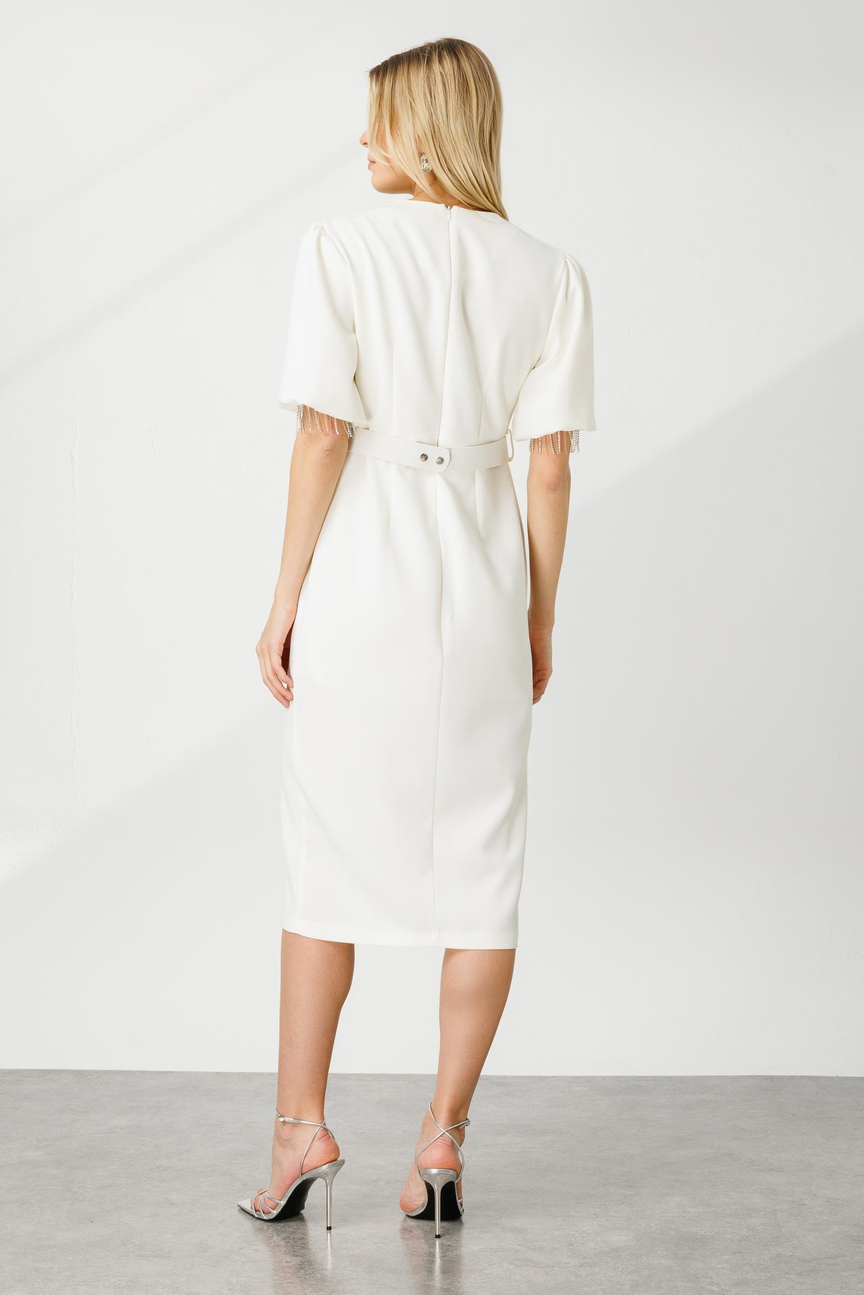 Şerit Taşlı Balon Kol Elbise EKRU