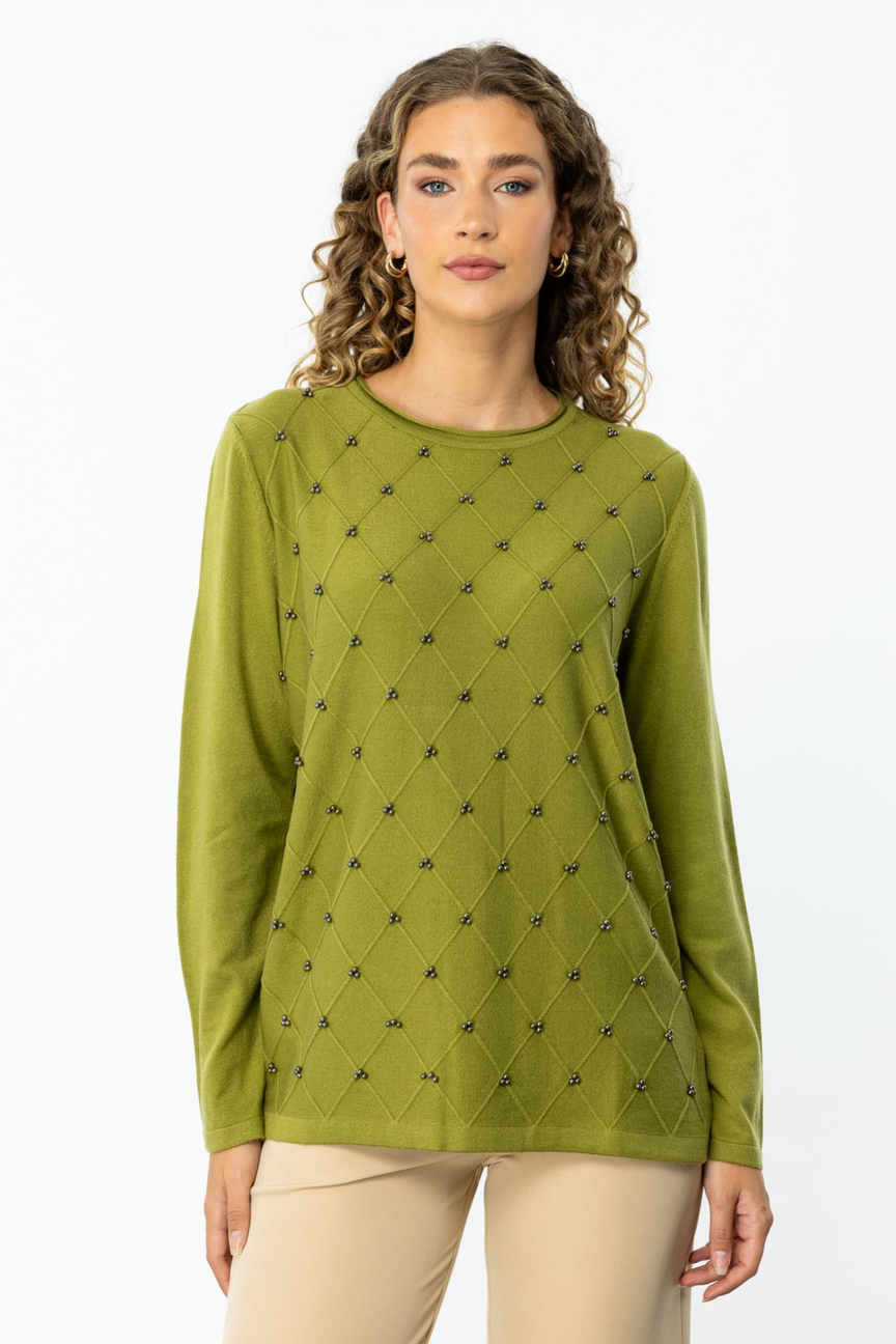 Sıfır Yaka Baklava Desenli Kazak OLİVE