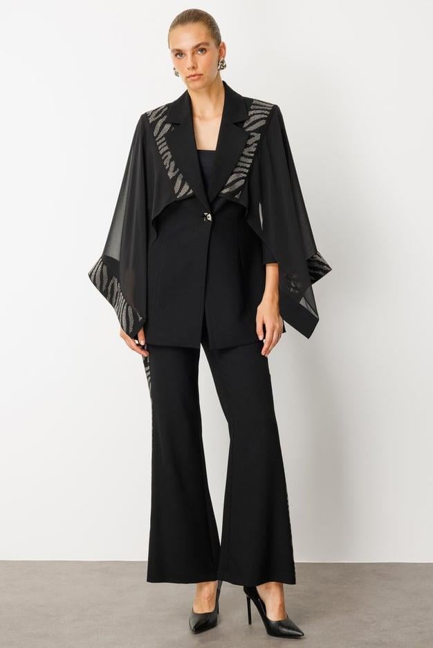 Stone Embroidered Jacket with Chiffon Cape Detail, BLACK