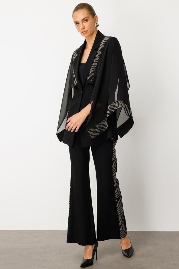 Stone Embroidered Jacket with Chiffon Cape Detail, BLACK