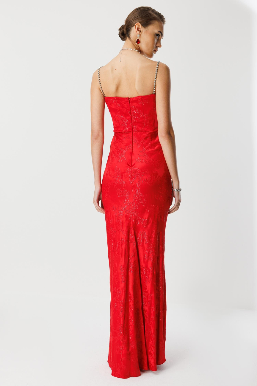 Straplez Jakar Elbise KIRMIZI