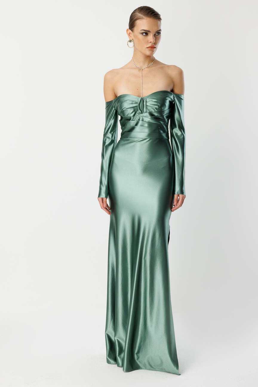 Straplez Uzun Kol Saten Elbise YEŞİL
