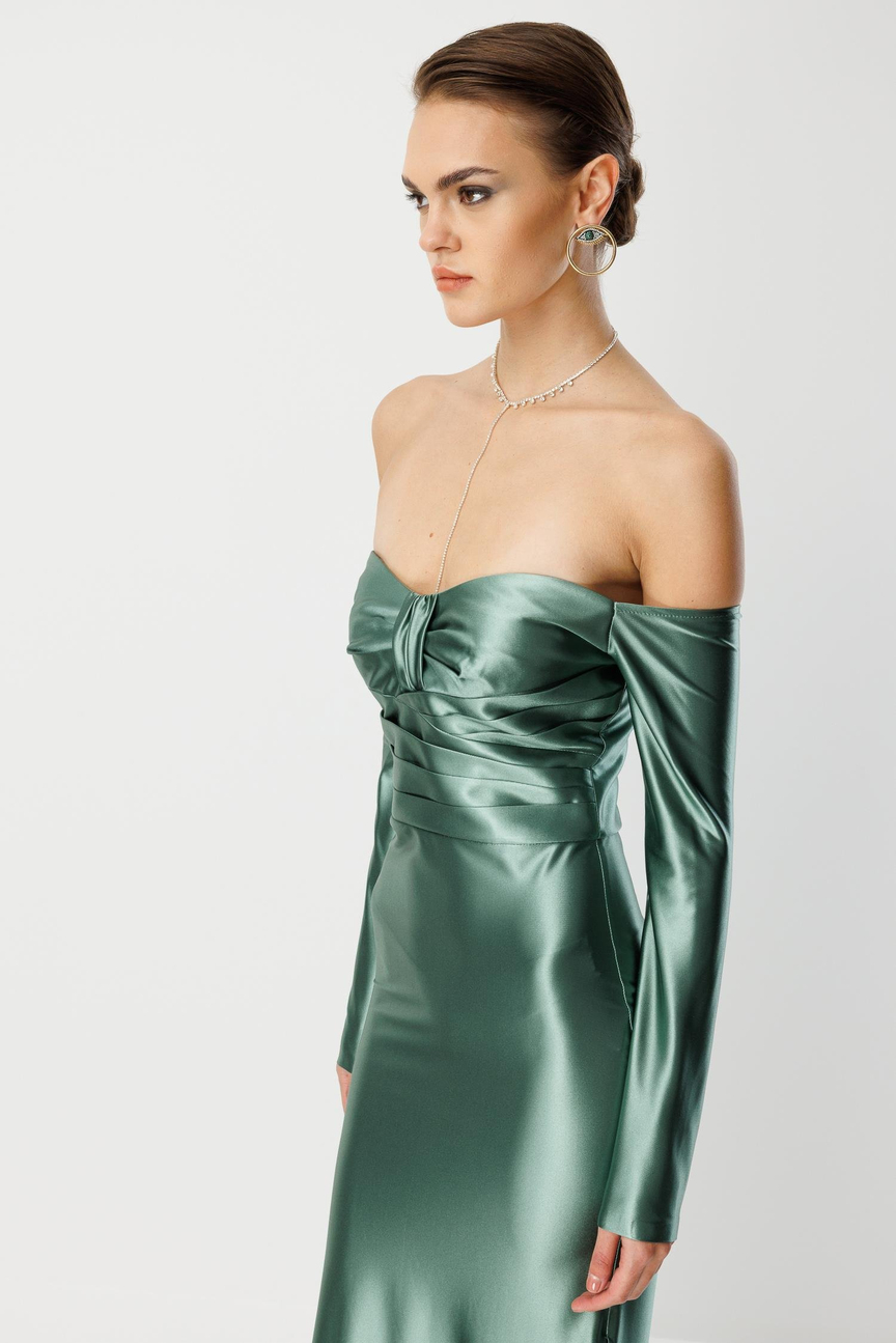 Straplez Uzun Kol Saten Elbise YEŞİL