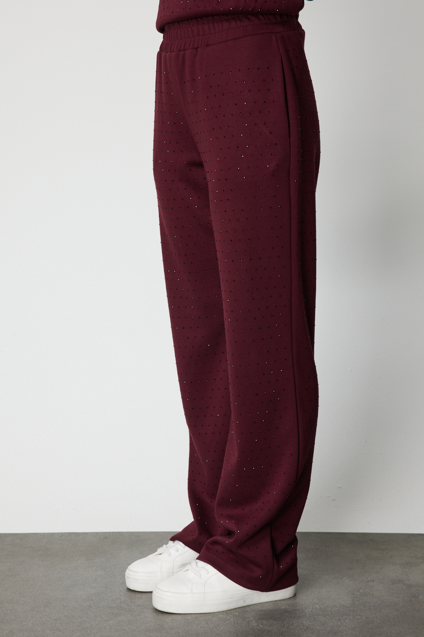 Tamamı Taşlı Bol Paça Eşofman Alt BORDO