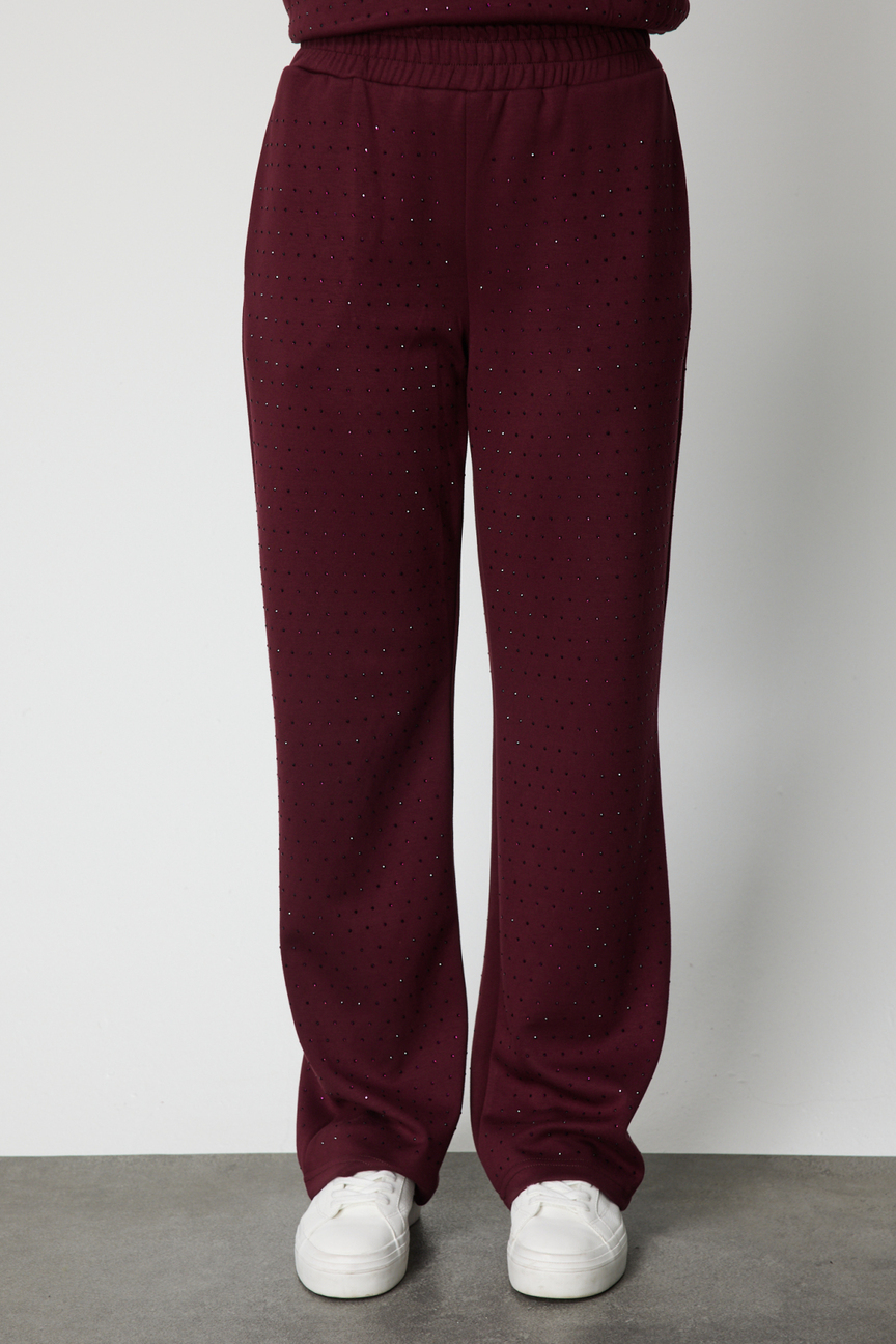 Tamamı Taşlı Bol Paça Eşofman Alt BORDO