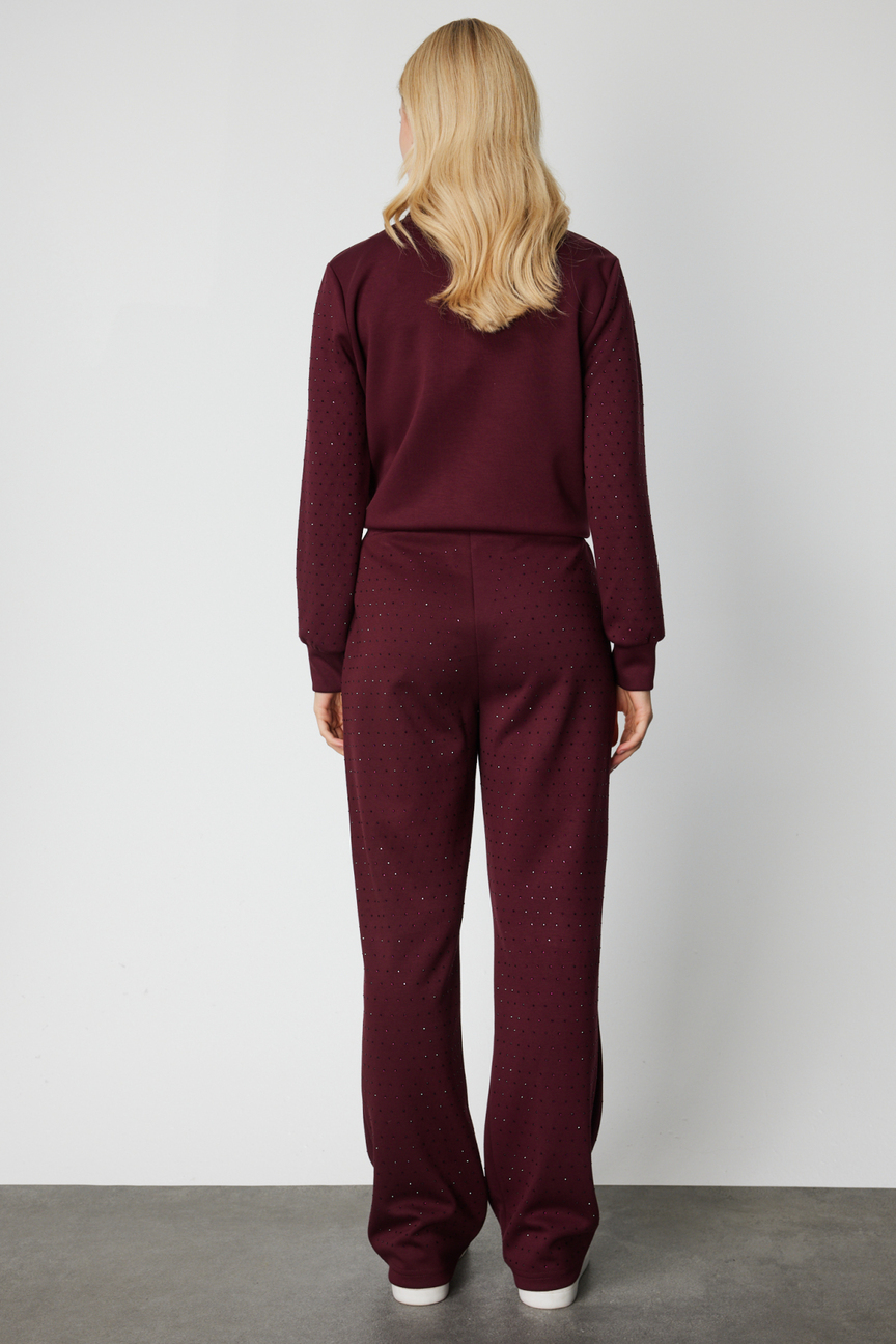 Tamamı Taşlı Bol Paça Eşofman Alt BORDO