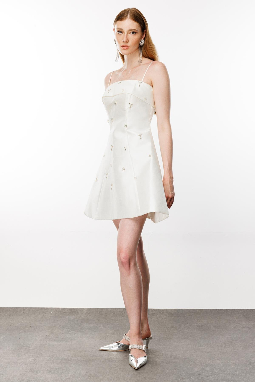 Thin Strappy Dress with Stone Accessories BEIGE