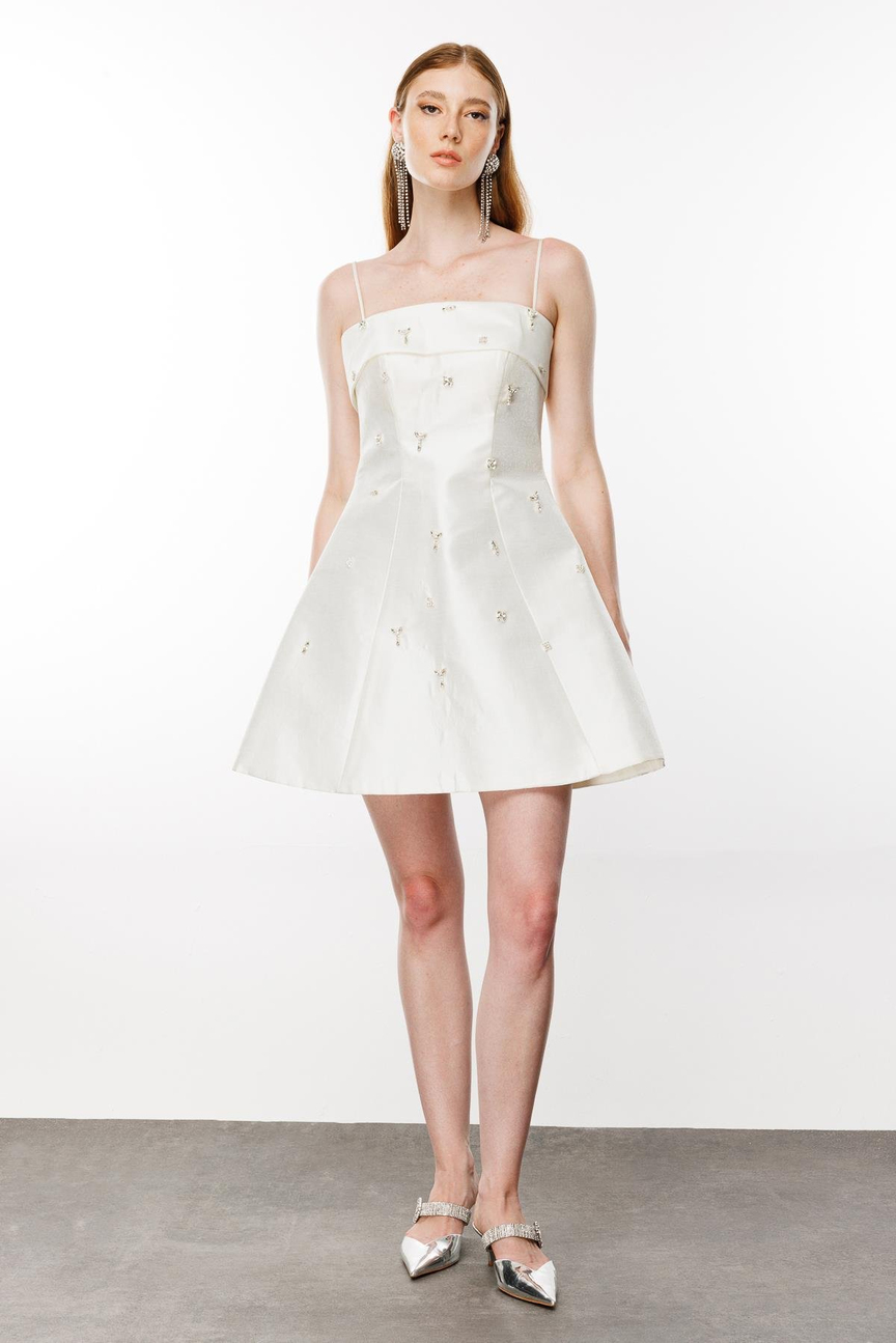 Thin Strappy Dress with Stone Accessories BEIGE