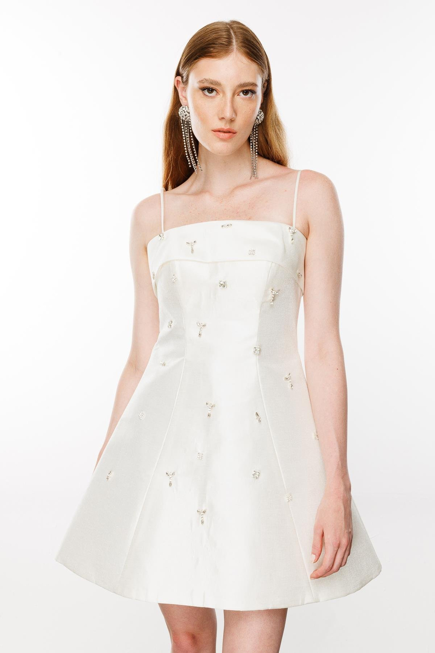 Thin Strappy Dress with Stone Accessories BEIGE